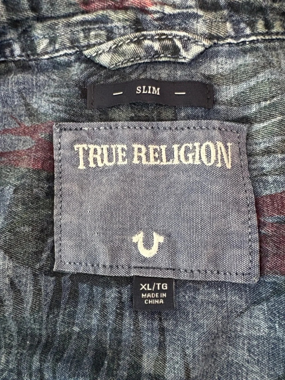 True Religion Palm Leaf Tropical Printed Denim Look Shirt Button Front Size XL